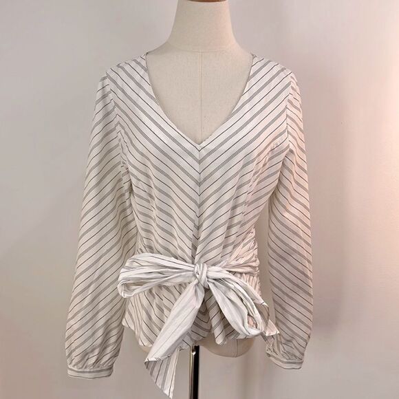 JANE & DELANCEY ANTHROPOLOGIE | V Neck Stripe Balloon Puff Sleeve Top Blouse | M - Picture 1 of 10